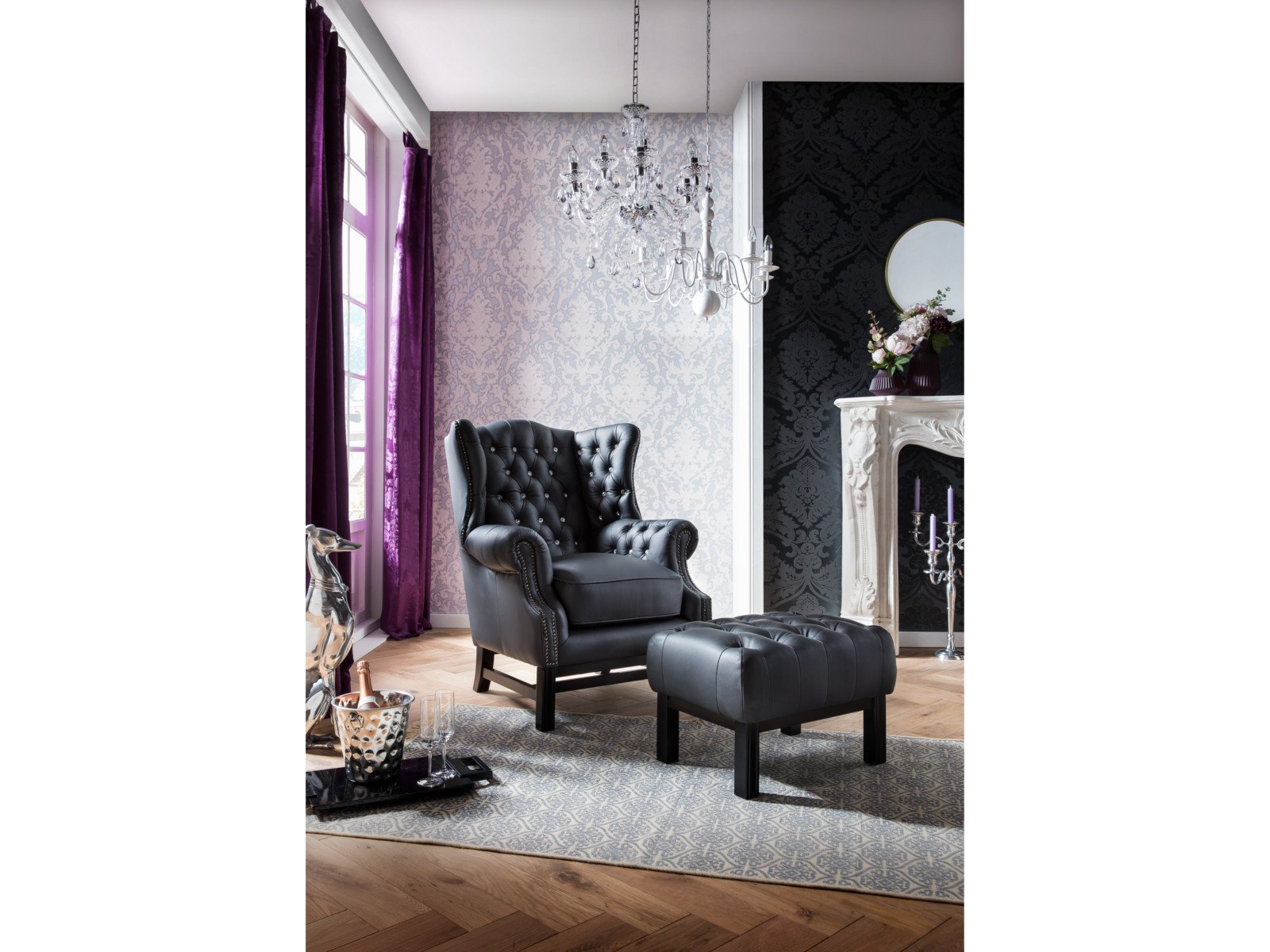 Hocker Chesterfield Kingsfield schwarz Echtleder 61x43x46