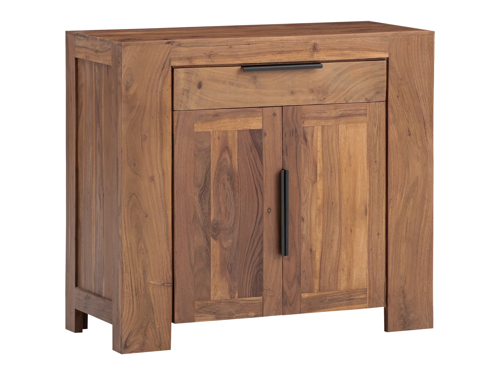 Freisteller: Kommode Osbon aus lackierter Akazie, braun, 45°-Frontansicht mit zwei Türen und einer Schublade (100×90×45 cm)