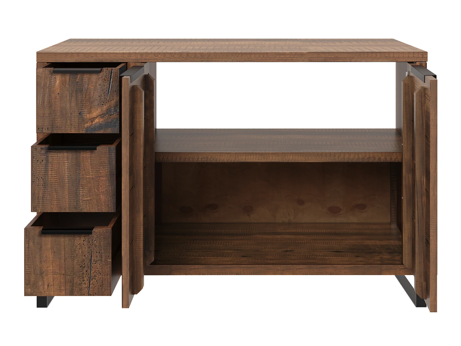 Waschtisch Sydney Pinie 105cm Freisteller Frontansicht geöffnet: Badset Sydney 2tlg. klein Pinie dunkel Unterschrank mit 3 Schubladen und offenem Ablagefach