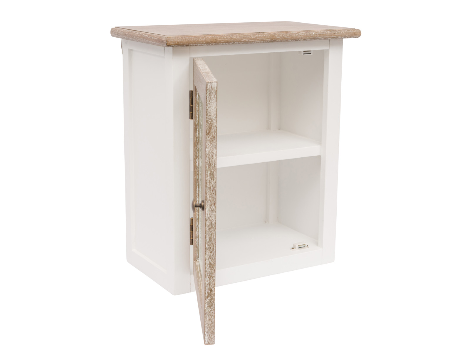 Freisteller (Frontansicht offen): Bad-Hängeschrank Kansas (45×51×25 cm), weißlackiert, links angeschlagene Tür mit 2 Fächern