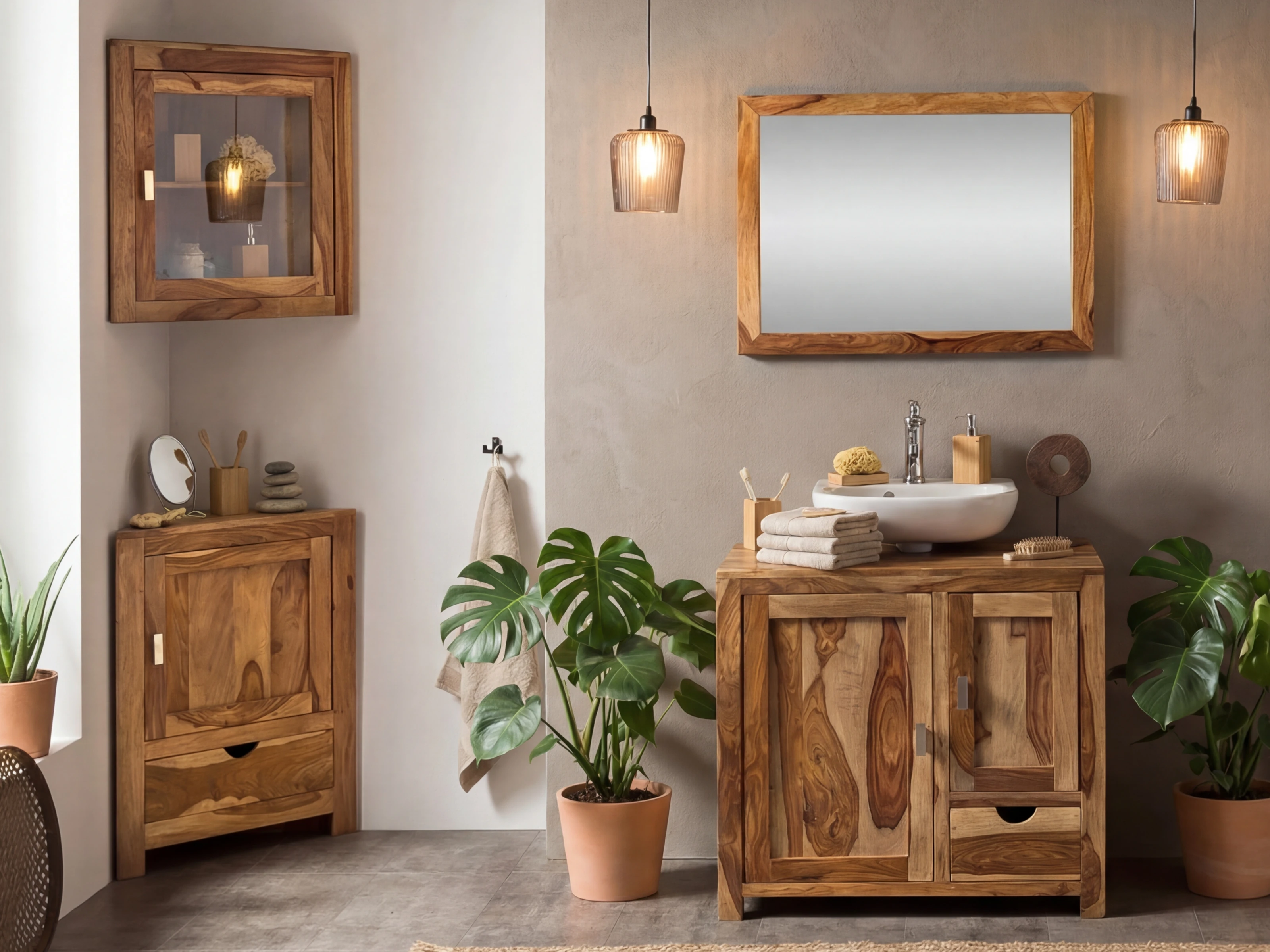 Badmöbel Set Laros Akazie – Eckschrank Set