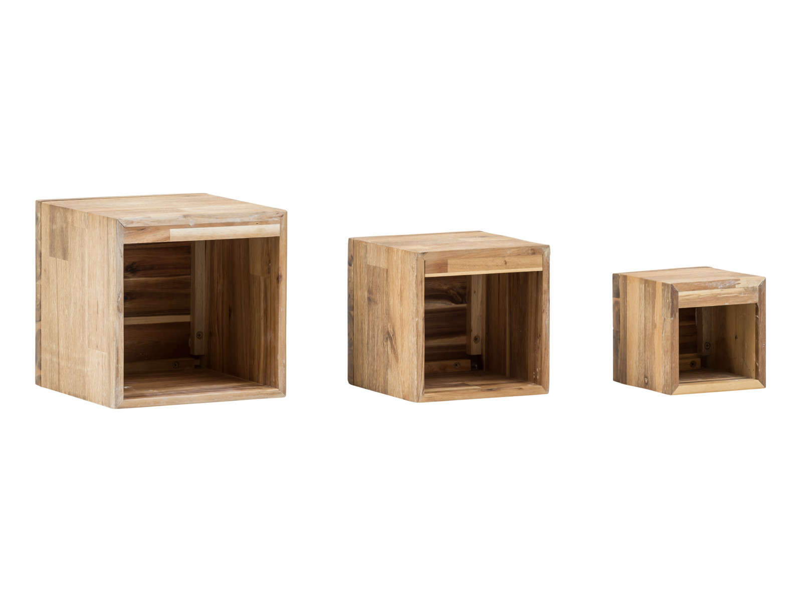 Badmöbel Set Jolo: 3 lackierte Akazienholz-Würfel, offene Wandregale, Freisteller 45°-Ansicht als braunes Badwandregal