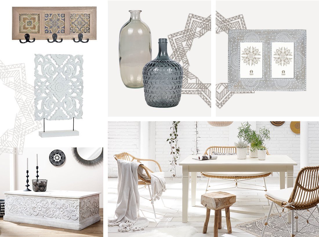 Bohemian-White Wohnzimmer: helles Sofa, Rattan-Sessel, Holz-Tisch, grüne Pflanzen und lässige Textilien im natürlichen Boho-Stil