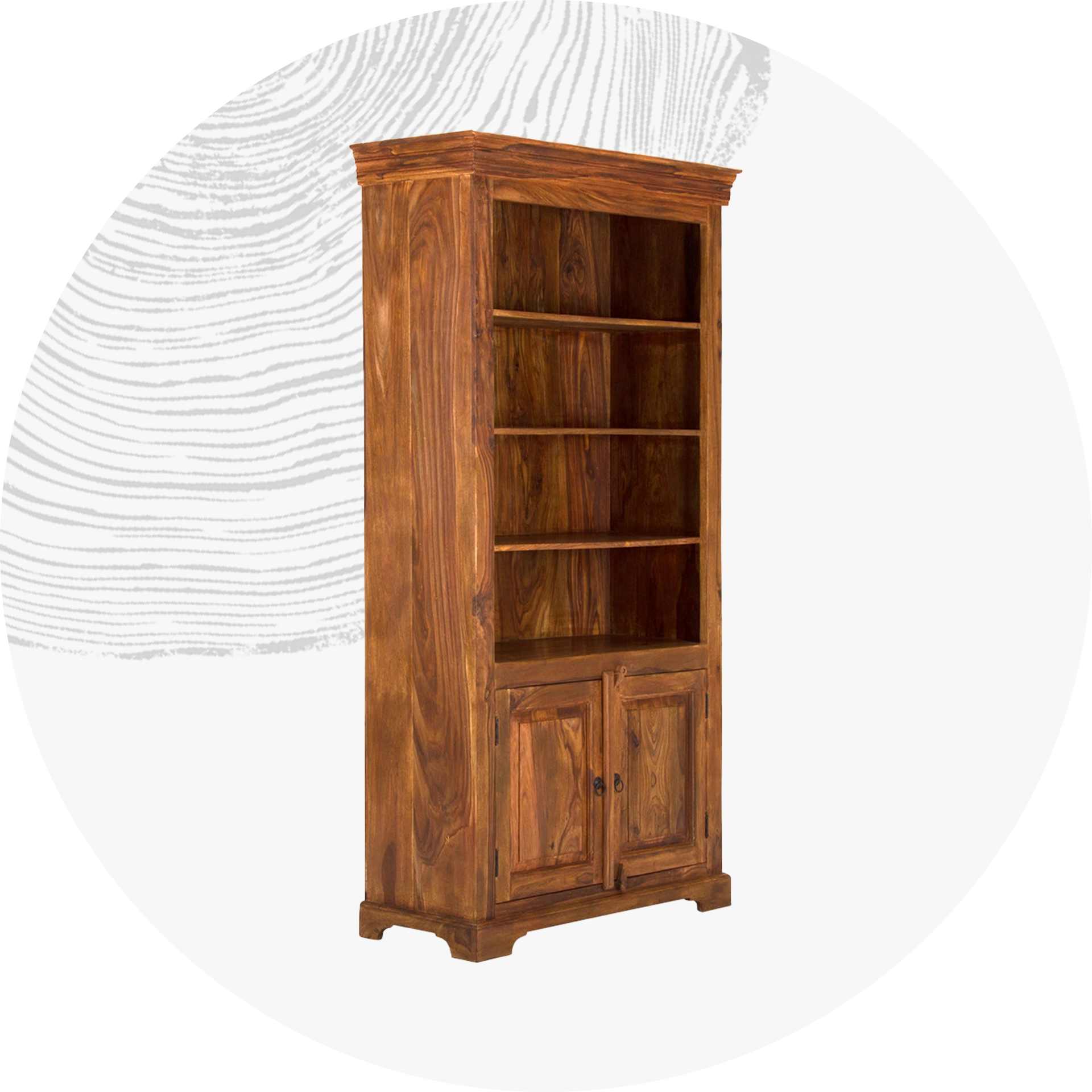 Modernes Holz-Bücherregal in hellem Wohnambiente mit offenen Fächern, Büchern und Dekor, sichtbare Holzmaserung, skandinavisch