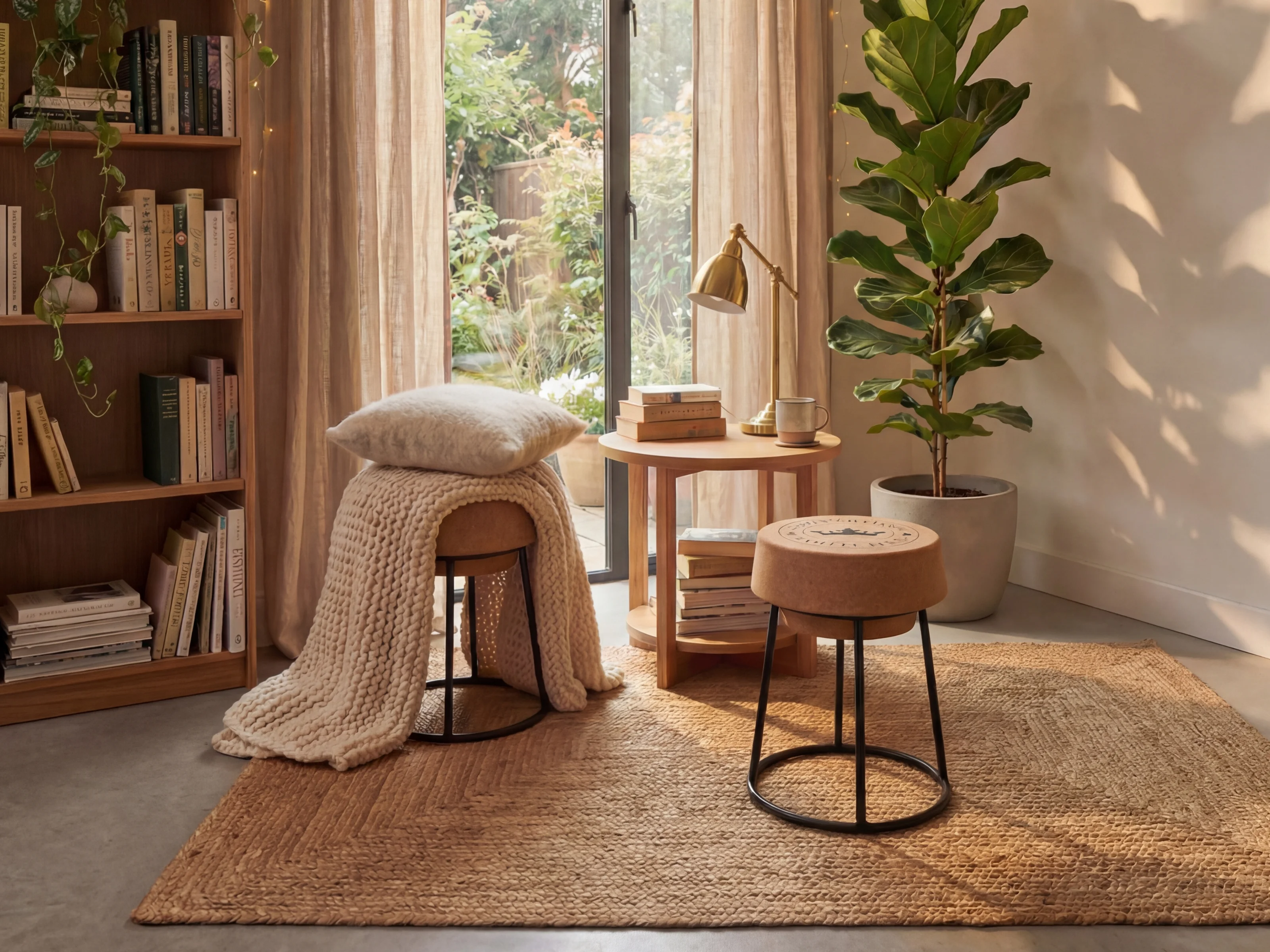 Hocker Corko im Wohnbeispiel: 45°-Ansicht, Ø40×H50 cm, brauner Korksitz auf schwarzem Metallgestell