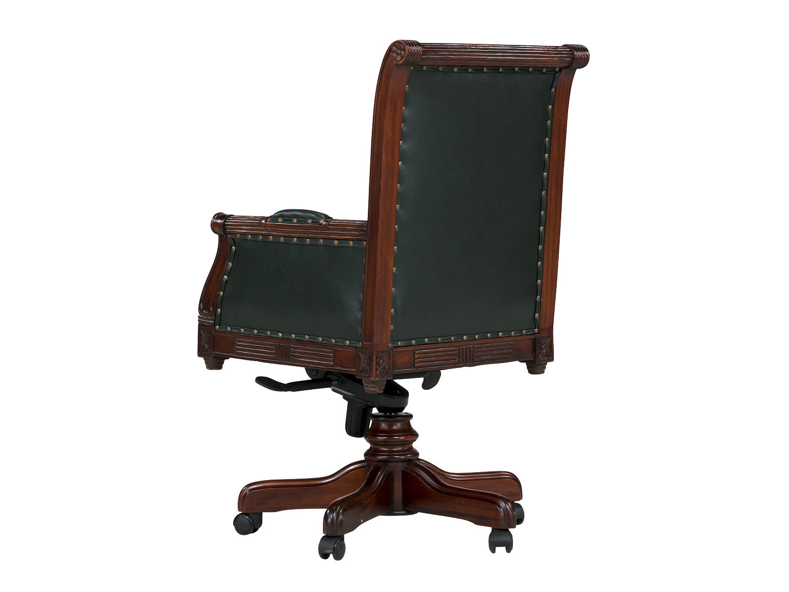 Freisteller 45°-Rückansicht des Bürosessels Cambridge in grünem Echtleder mit lackiertem Mahagonirahmen