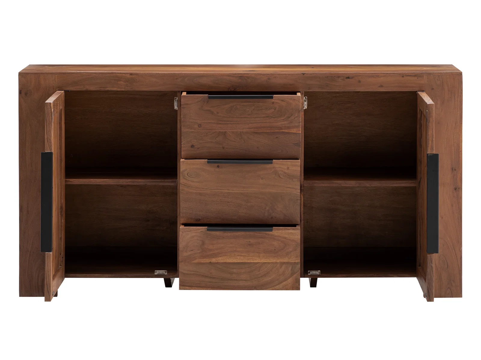 Freisteller-Frontansicht des Sideboard Osbon: braunes Akazienholz (175×45×90cm) mit 2 offenen Türen, 3 Schubladen