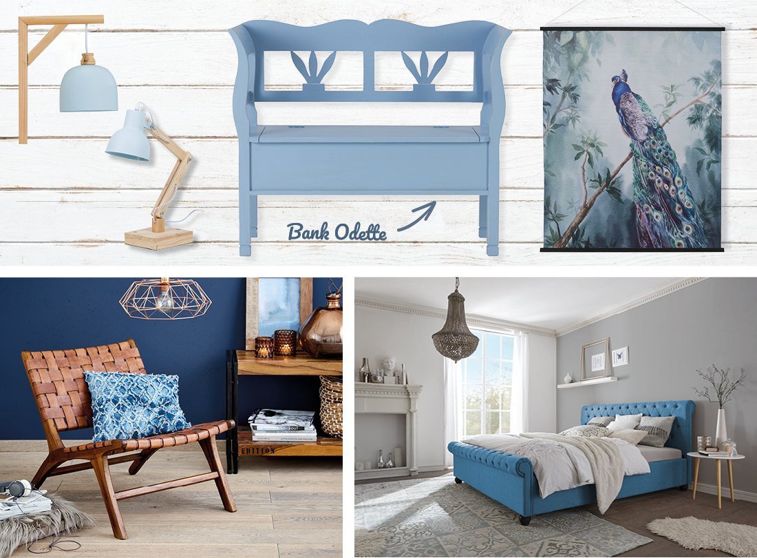 Modernes Wohnzimmer mit blauem Sofa, hellem Holztisch, Pflanzen und Dekokissen – skandinavischer Stil, trendige Blautöne.