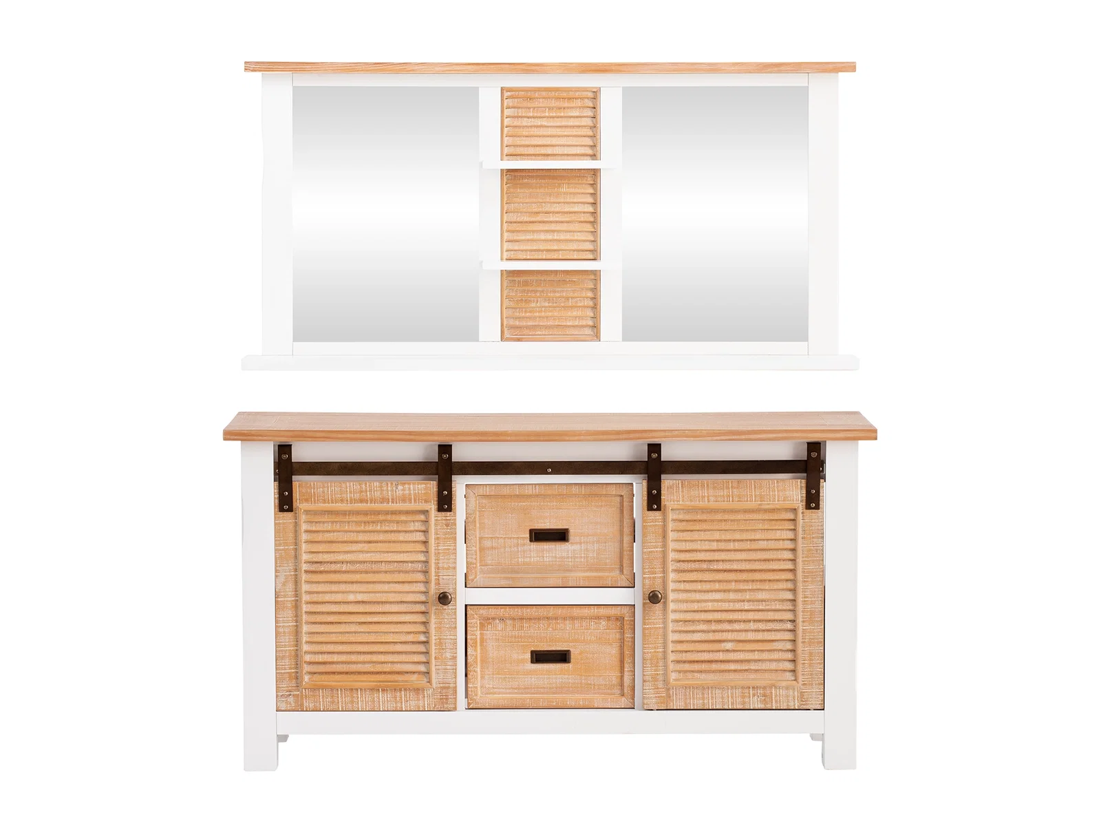 Modernes Badmöbel-Set mit Holzfronten, Aufsatzwaschbecken und Spiegel in heller, minimalistischer Optik