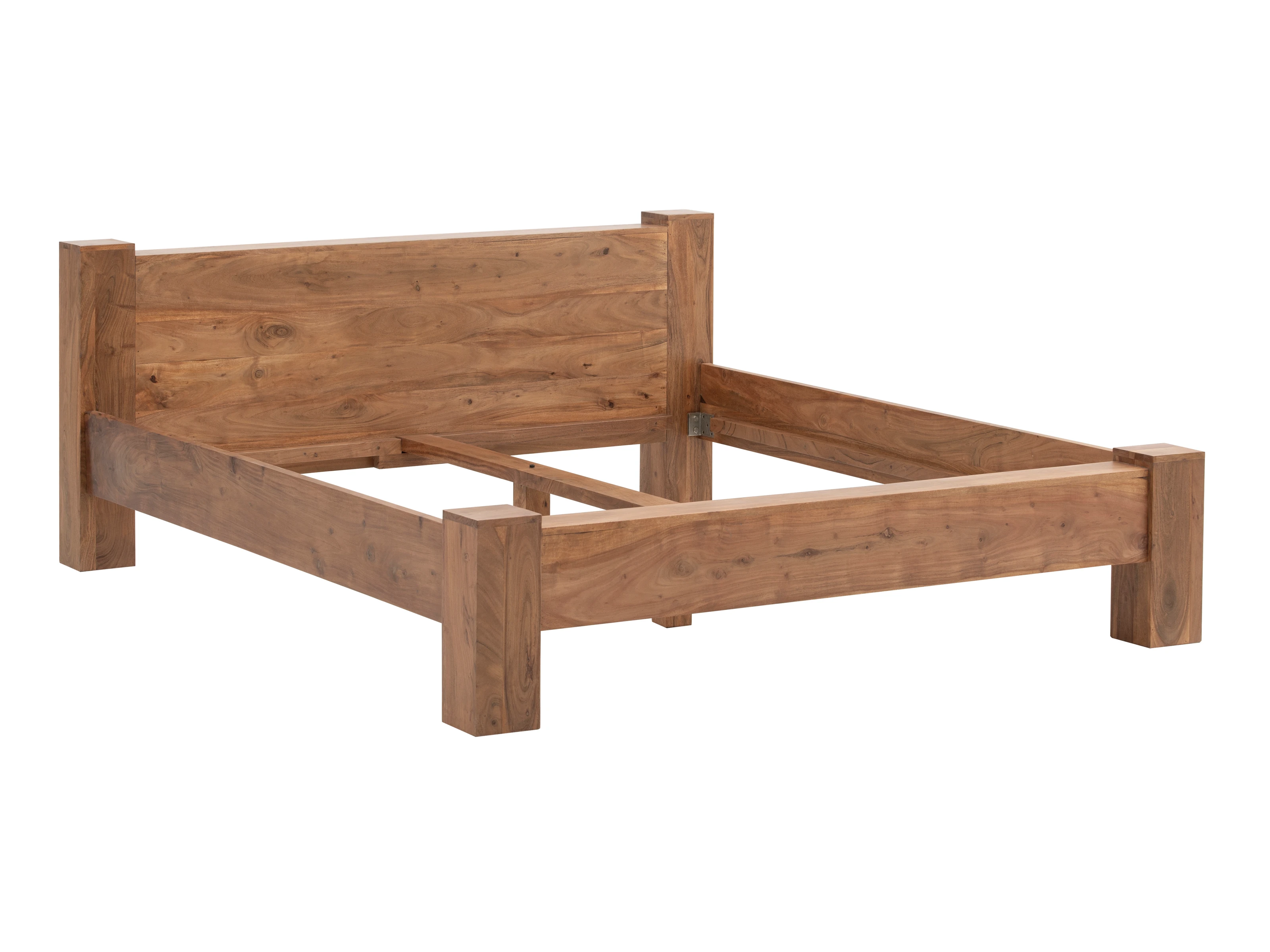 Holzbett Osbon Akazie 200x200 cm, Freisteller 45°-Ansicht, braunes lackiertes Akazien-Massivholz ohne Lattenrost & Matratze.