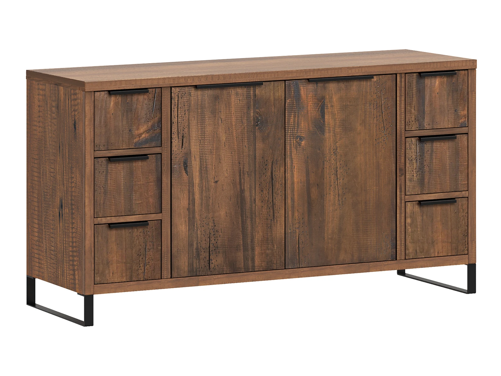 Waschtisch Sydney Pinie 138cm Freisteller Frontansicht: 2-tlg. Badset „Sydney“ groß in dunkler Pinie, lackiertes braunes Holz mit Schubladen und Türen