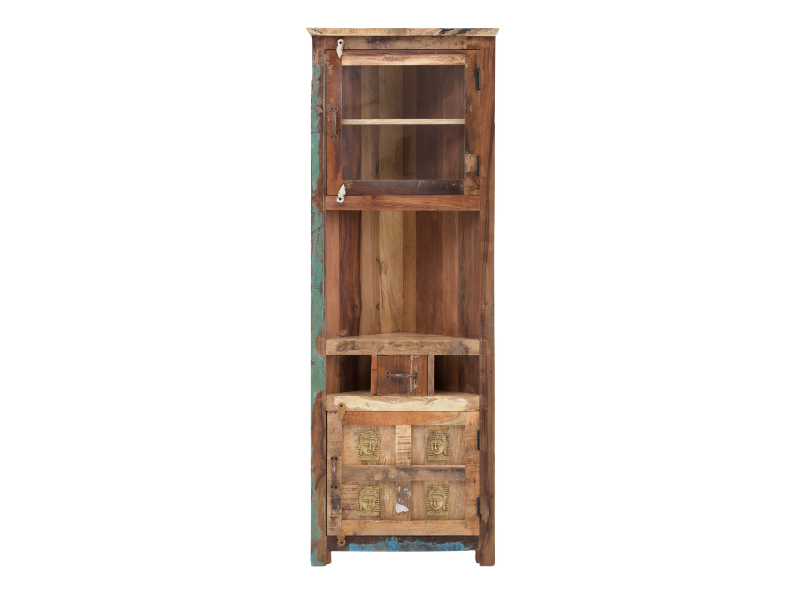 Eckhochschrank Sumana, Frontansicht, recyceltes Hartholz braun lackiert, 65×185×30 cm, 2 Türen, 1 Schublade, 3 offene Fächer