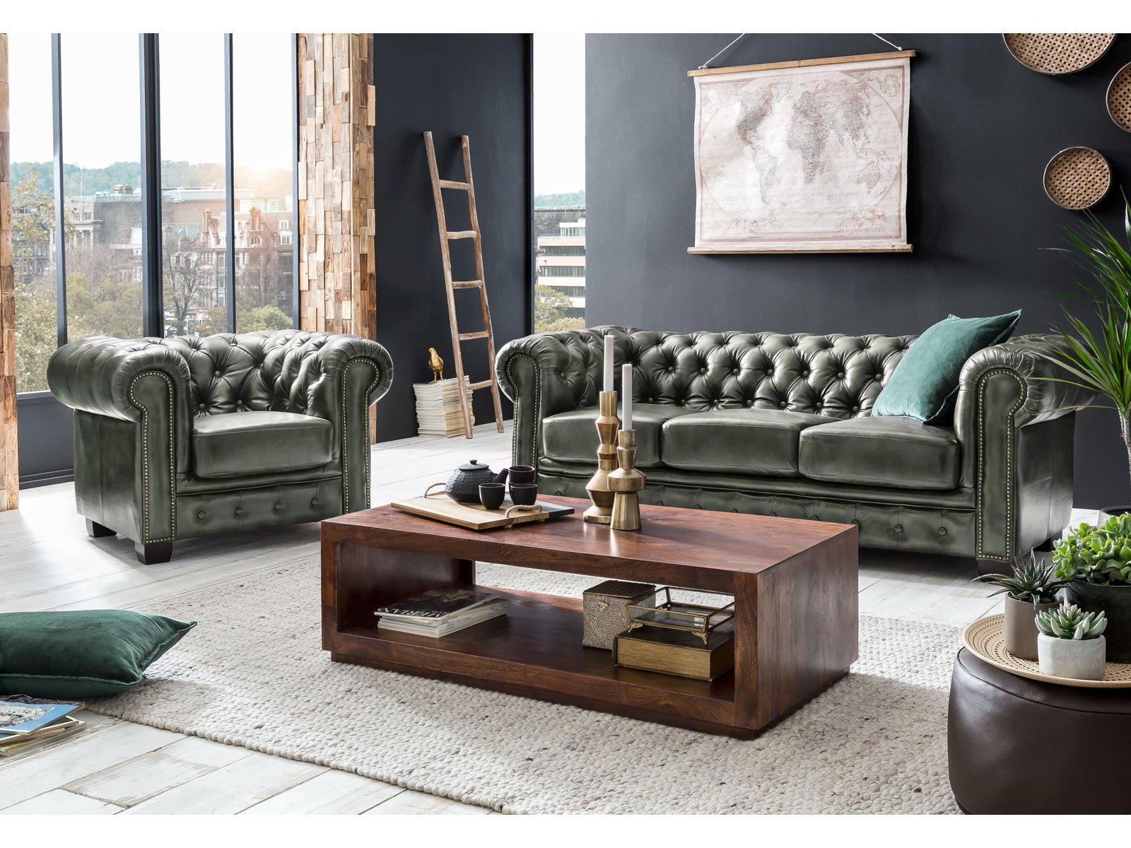 Chesterfield Sofa Garnitur antik grün Chesterfield Sofa Garnitur antik grün Echtleder 210x72x90