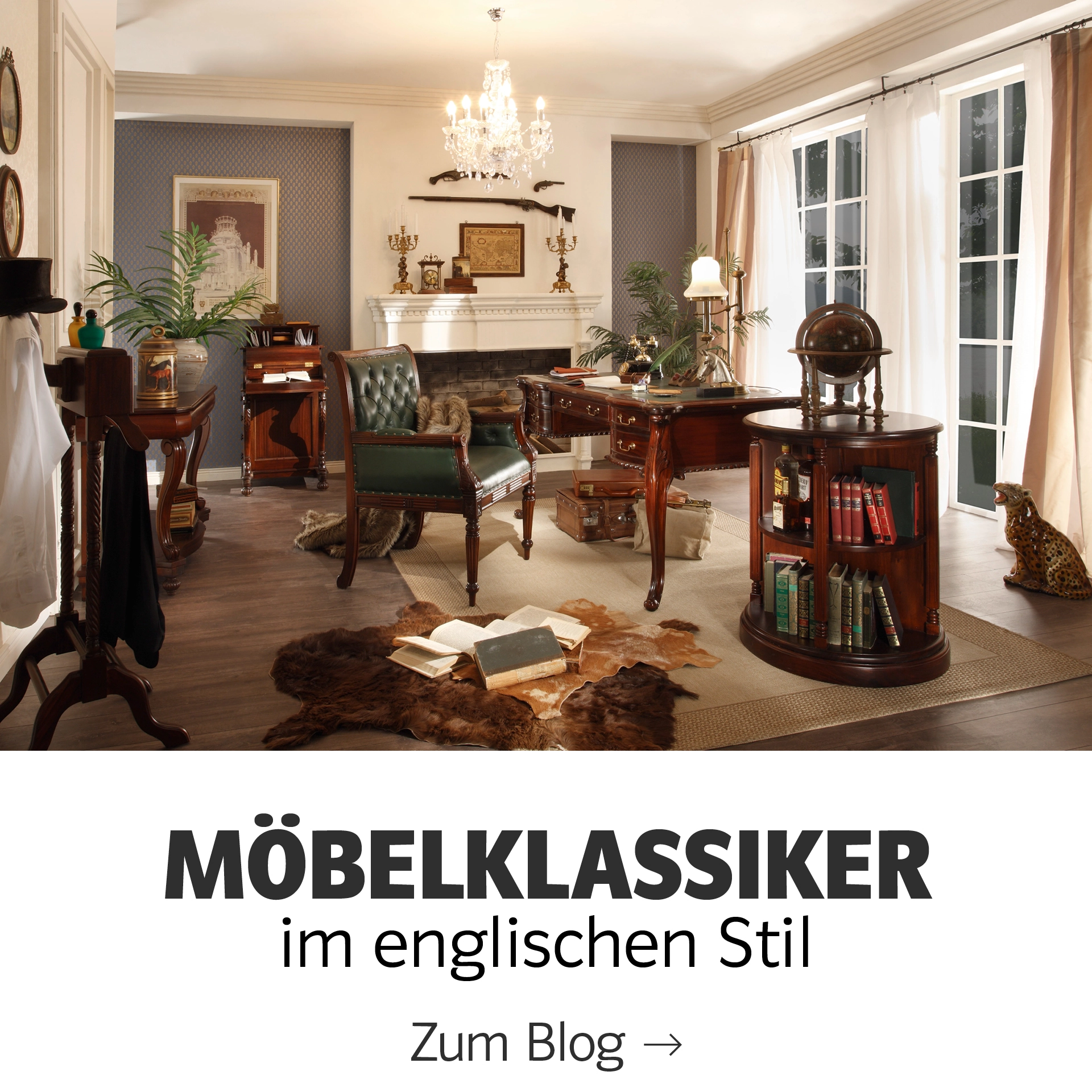 Vier Kacheln mit Möbelklassikern: zeitlose Stühle, Sessel und Tische in Holz- und Ledertönen vor neutralem Hintergrund, skandinavisch-elegant.