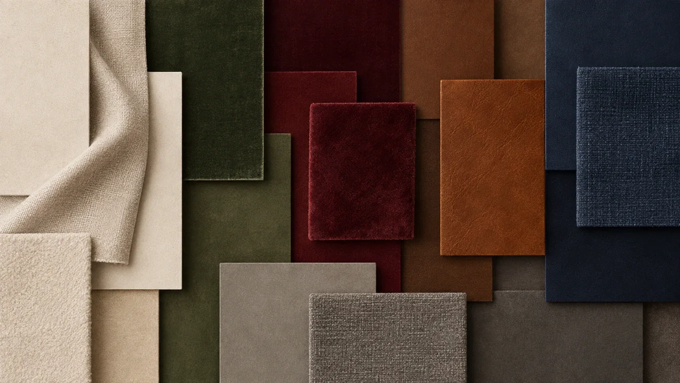 Farb- und Materialpalette in Creme, Dunkelgrün, Bordeaux, Braun und Dunkelblau passend zu einem klassisch britisch inspirierten Wohnstil