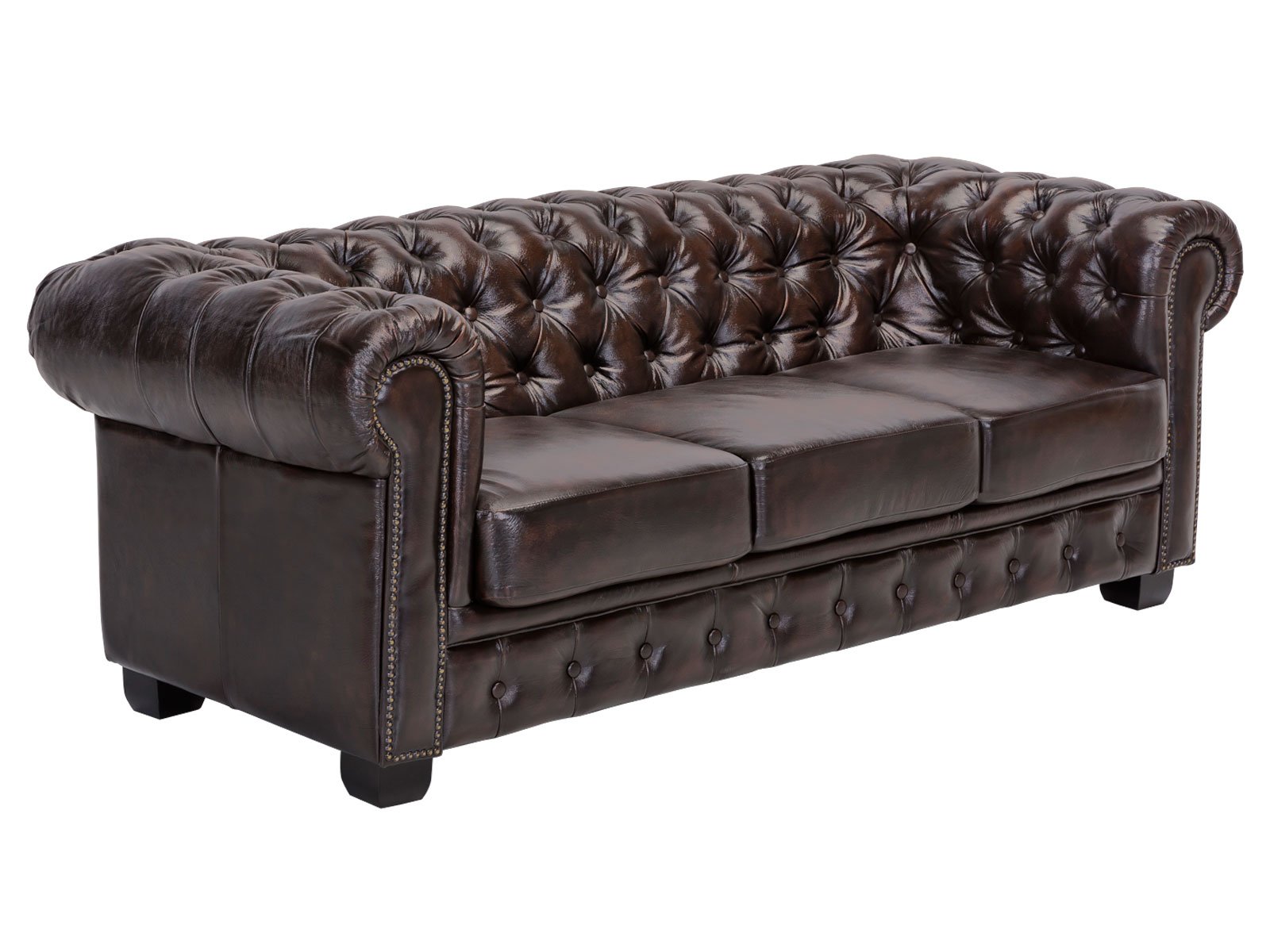 Sofa Chesterfield 3-Sitzer Echtleder braun 200x72x90 Schrägansicht