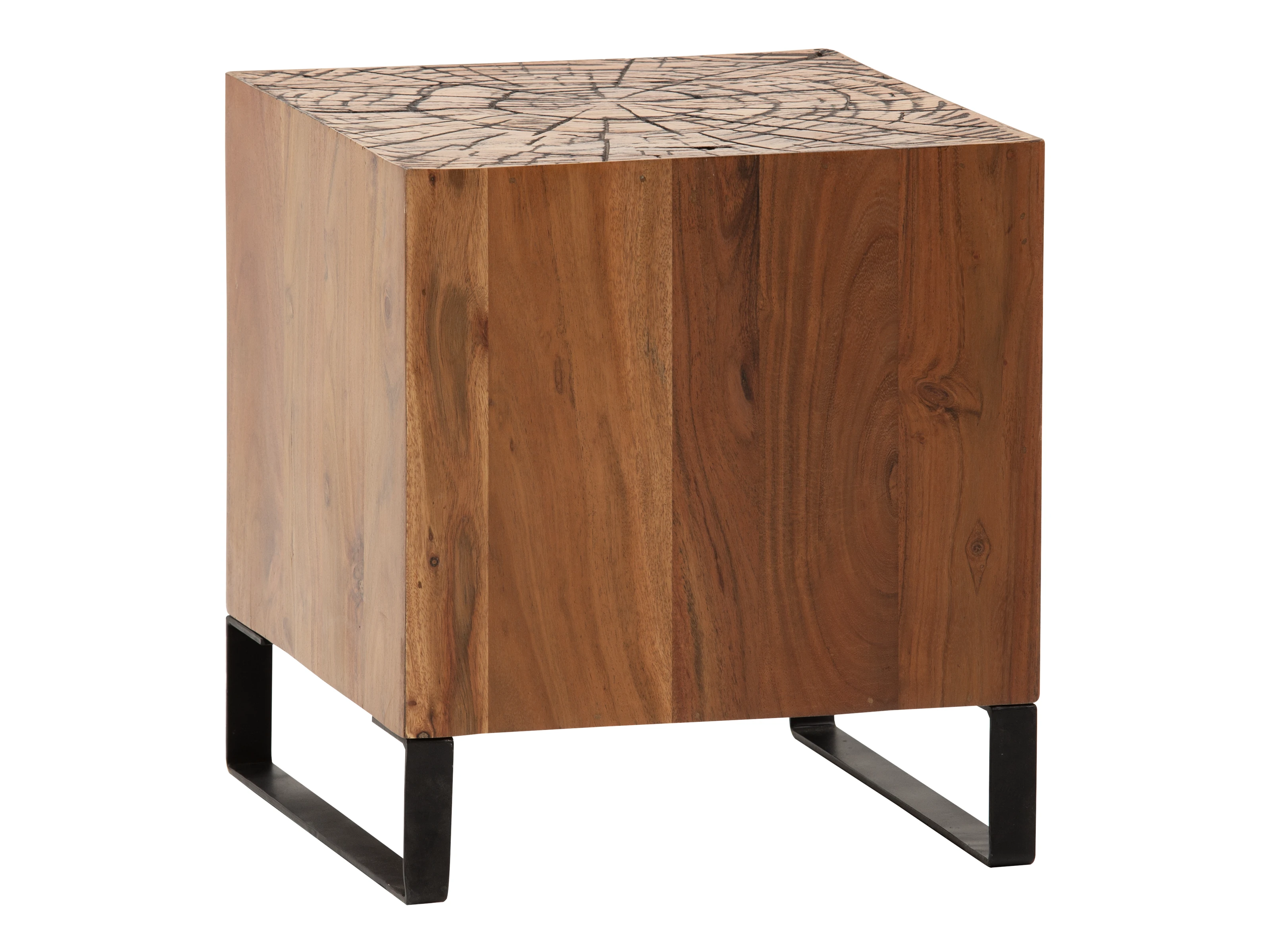 Freisteller in 45°-Ansicht des quadratischen Couchtischs Avan aus lackierter Akazie (40×45×40 cm) auf schwarzem Metallgestell