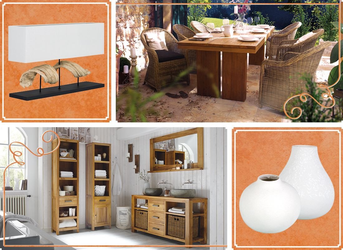 Mediterranes Wohnambiente mit hellem Sofa, Holz- und Rattanmöbeln, Leinen und Pflanzen in warmen Naturtönen.