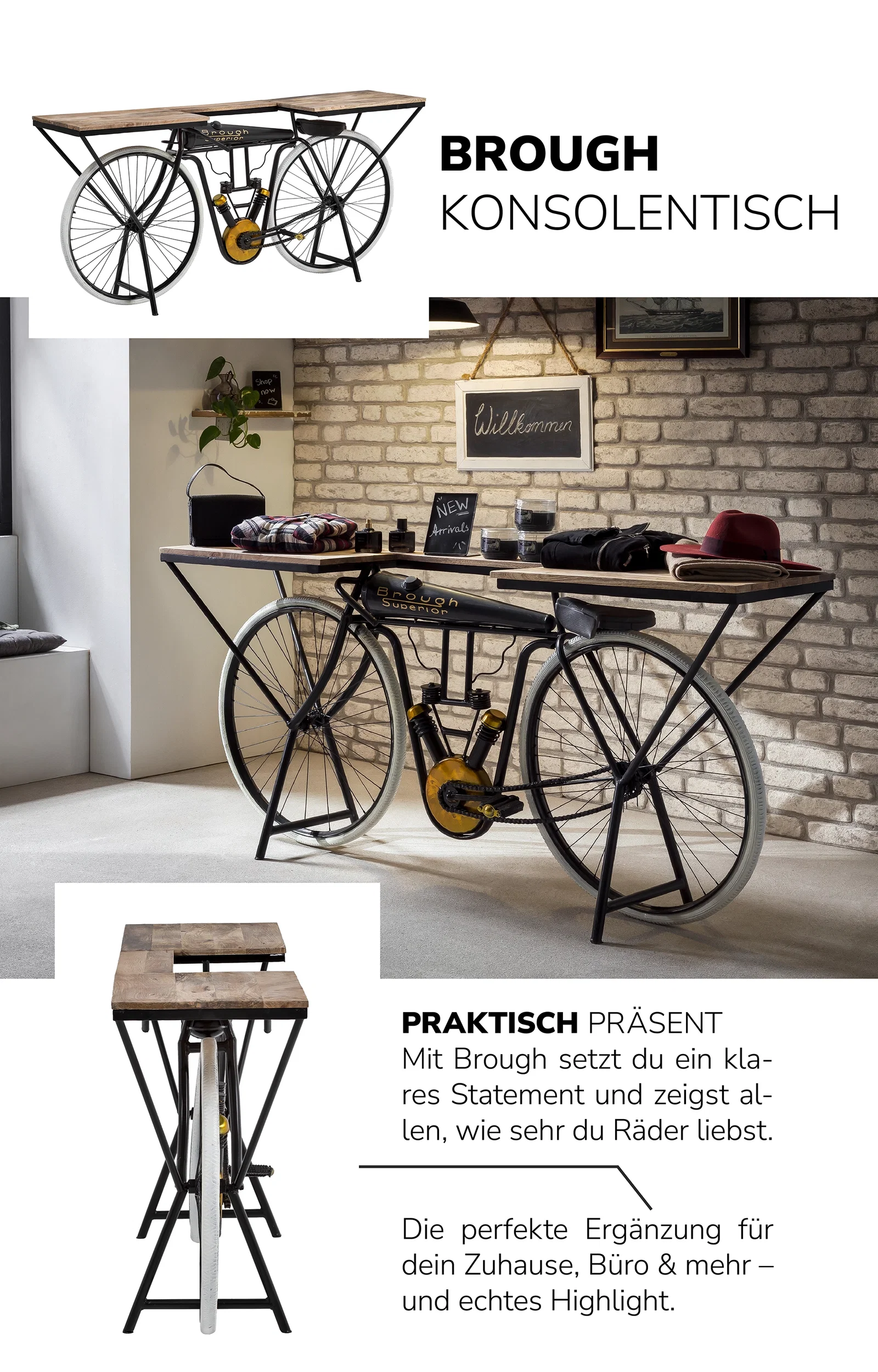 Collage des Massivholz-Produkts 'Brough' mit Front- und Detailansichten in warmem Eichenholz, modernes, helles Ambiente
