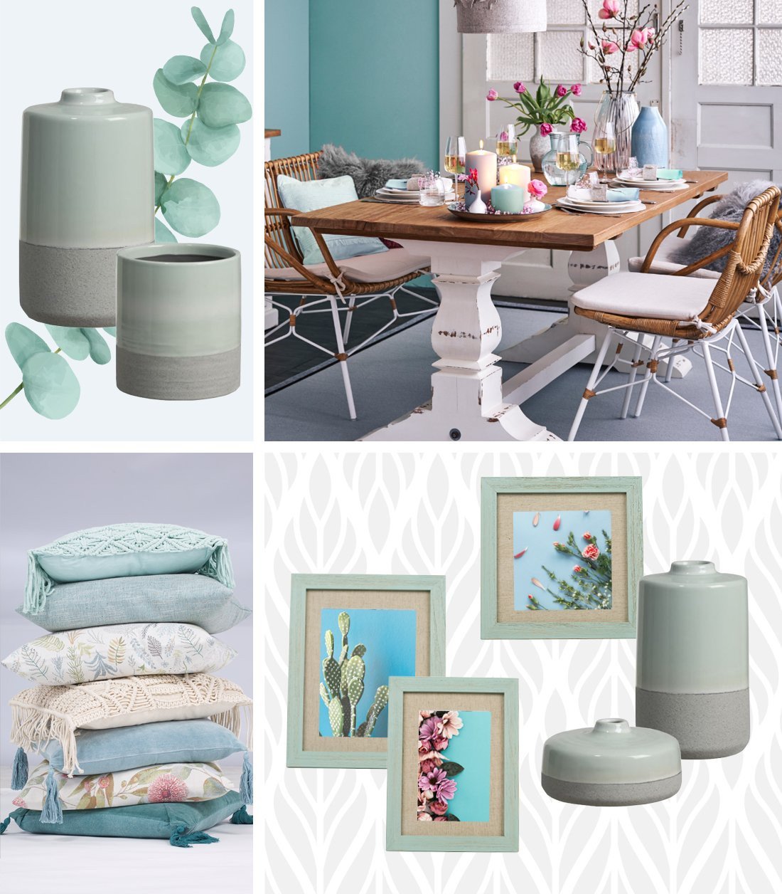 Pastellfarbenes Wohnzimmer mit Sofa, Kissen, Beistelltisch, hellem Holz und Pflanzen – ruhiges, modernes Wohnambiente