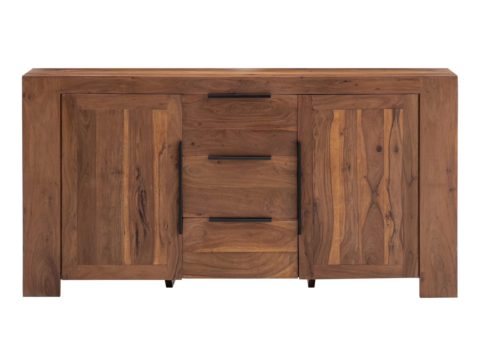 Freisteller Frontansicht: Sideboard Osbon aus lackierter Akazie (braun), 175×45×90 cm, 2 Türen, 3 Schubladen