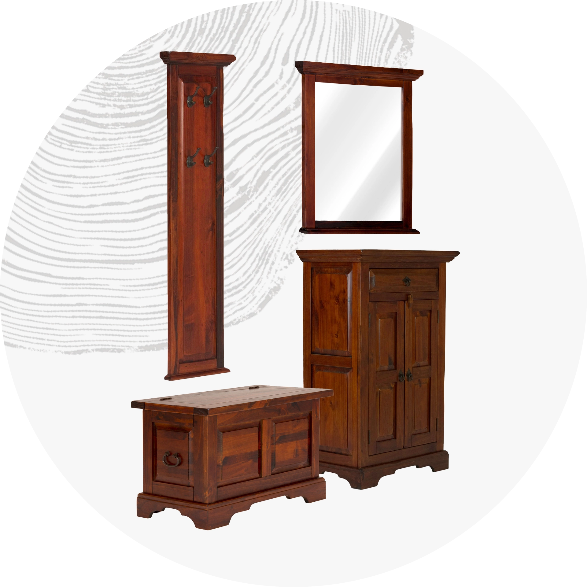 Modernes Garderobenset aus hellem Eichenholz mit Wandhaken, Sitzbank und Spiegel im minimalistischen Flur