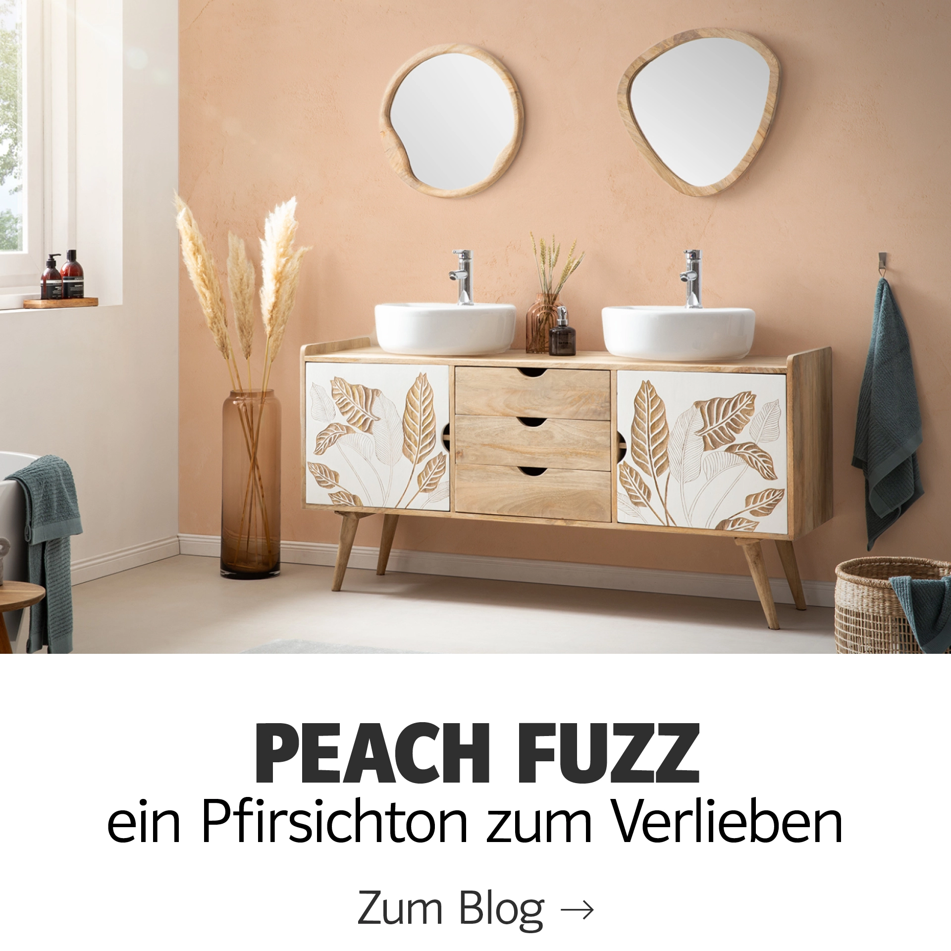 Kachelübersicht 'Peach Fuzz' – quadratische Kacheln in pfirsich-pastell, verschiedene Muster und Oberflächen für Boden/Wand