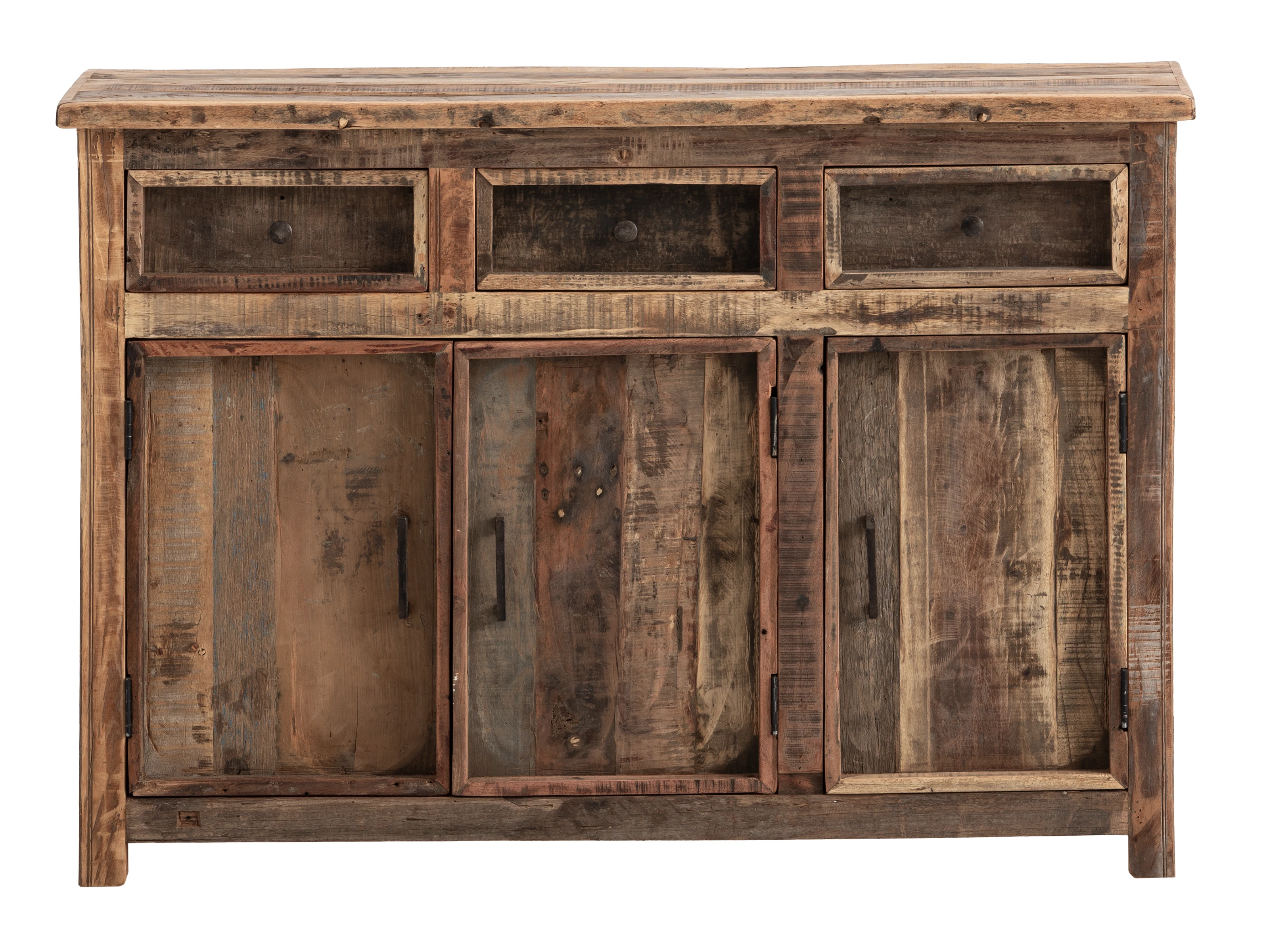 Sideboard Sumatra 3-türig aus Altholz, Front-Freisteller mit 3 Türen, 3 Schubladen, rohe braune Oberfläche, Vintage-Look
