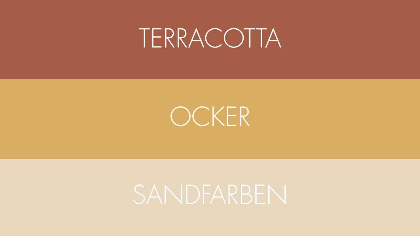 Dreigeteilte Farbpalette mit den Farbtönen Terracotta, Ocker und Sandfarben
