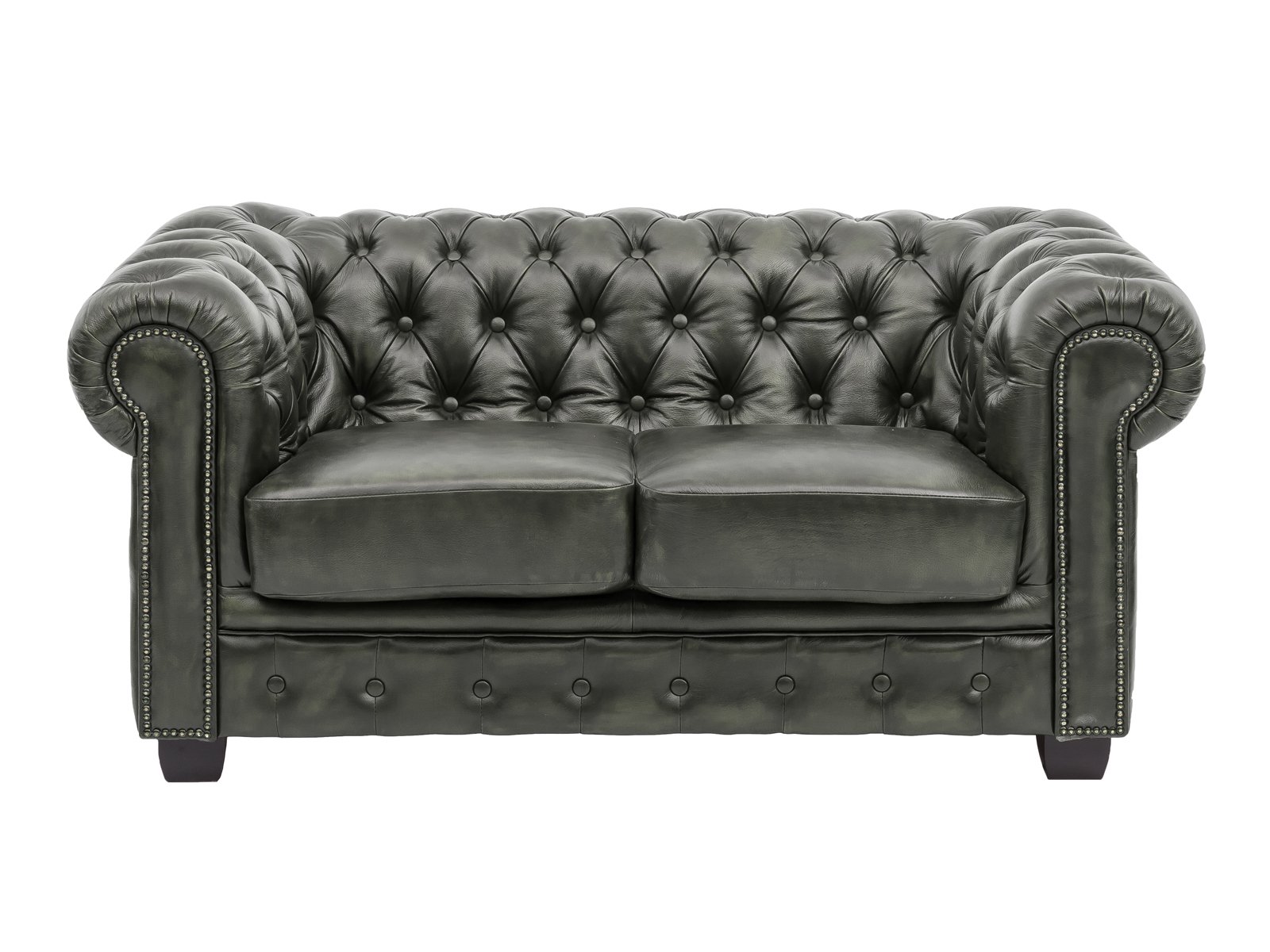 Sofa Chesterfield 2-Sitzer Echtleder grün 155x72x90 Frontansicht