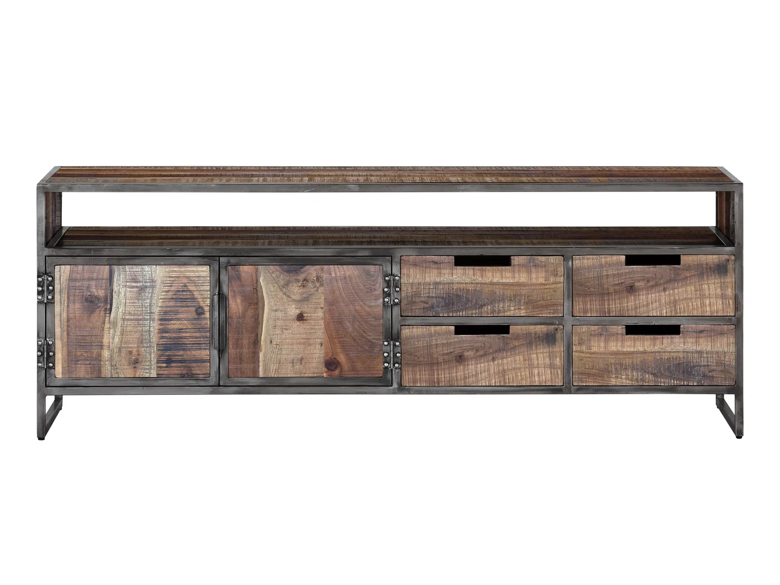 TV-Bank York aus Holz und Metall als Beispiel für einen Fernsehunterschrank mit kombiniertem Materialmix aus Holzfronten und Metallgestell