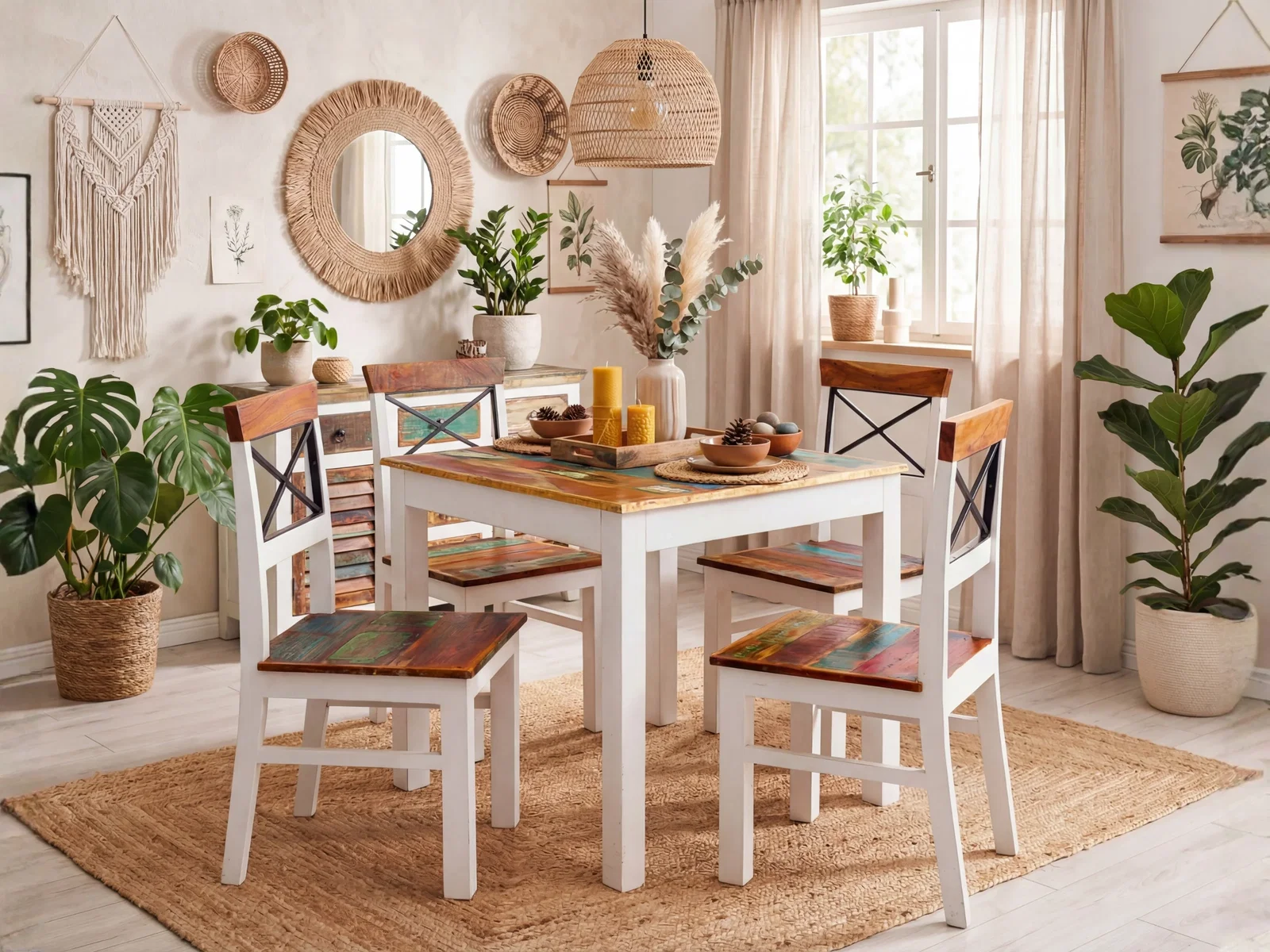 Boho-Esszimmer mit weißem Esstisch und 6 bunten Holzstühlen, Pflanzen, Rattandeko und hellem Naturambiente