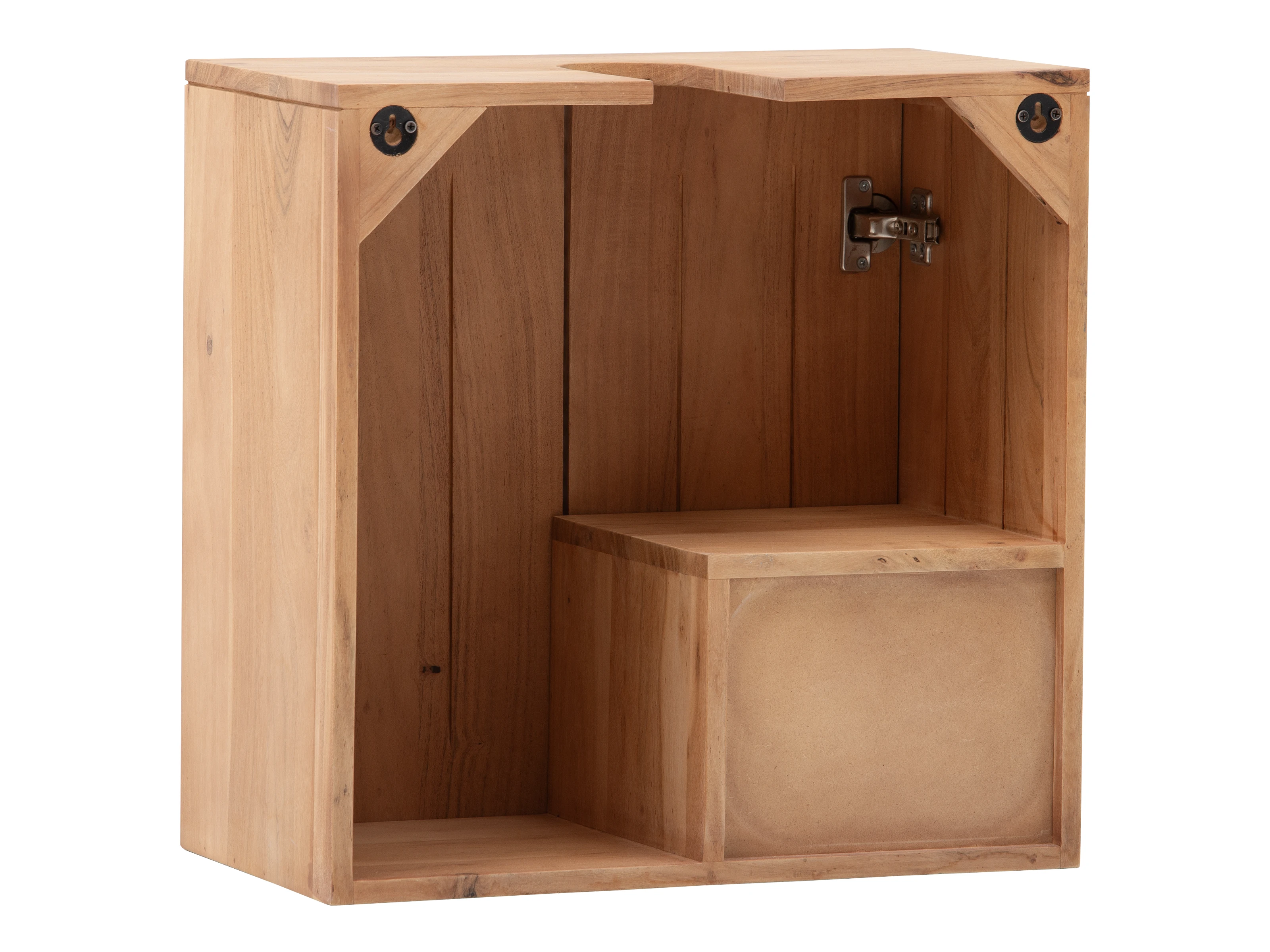 Freisteller Frontansicht: Badmöbel Set Kali Akazie – offener Regalwürfel aus lackiertem Akazienholz in Braun