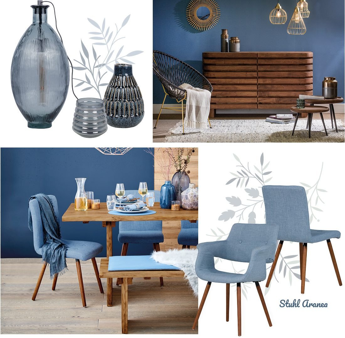 Modernes Wohnzimmer mit Möbeln in Trendfarbe Blau, warmen Holzakzenten, grünen Pflanzen und hellem, gemütlichem Interieur