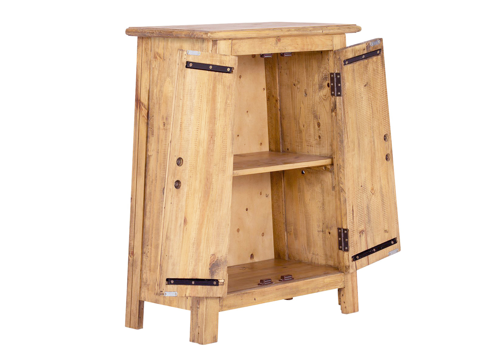 Unterschrank Rangun aus recycelter Pinie, braun lackiert, Frontansicht geöffnet (45°), 2 Türen, 2 Einlegeböden, Freisteller Badmöbel Set Rangun