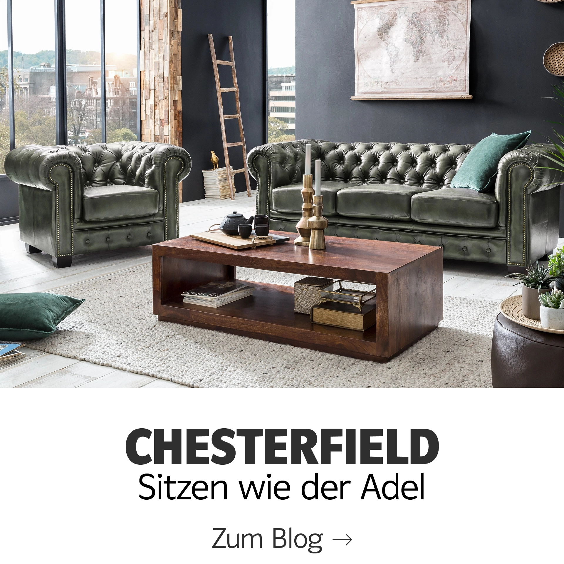 Chesterfield-Sofa aus dunklem Leder mit klassischer Knopfheftung, gerollten Armlehnen und eleganter Vintage-Optik