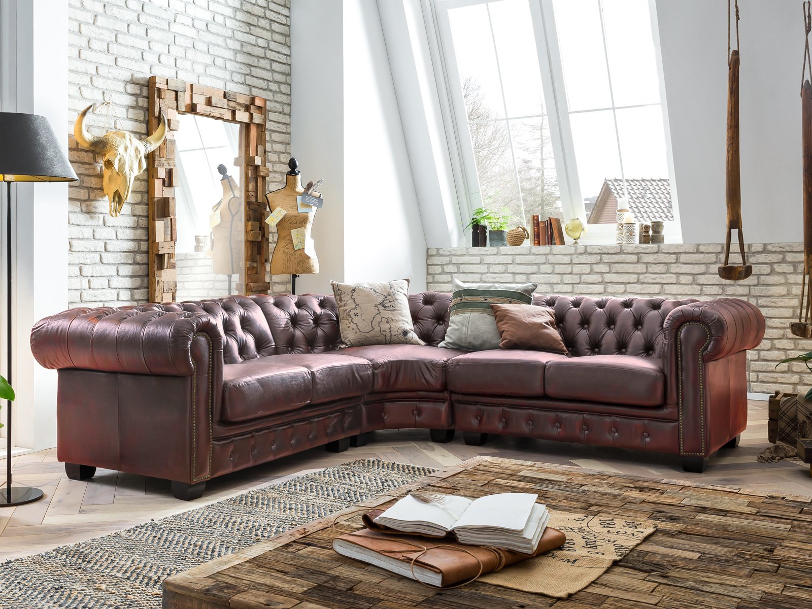 Ecksofa Chesterfield III rot Echtleder 294x74x294