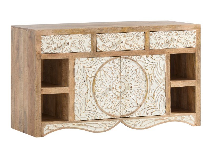 Moderner Waschtisch Delhi aus Holz in stilvoller Bad-Atmosphäre mit Aufsatzbecken, warmen Holztönen und Deko-Arrangement