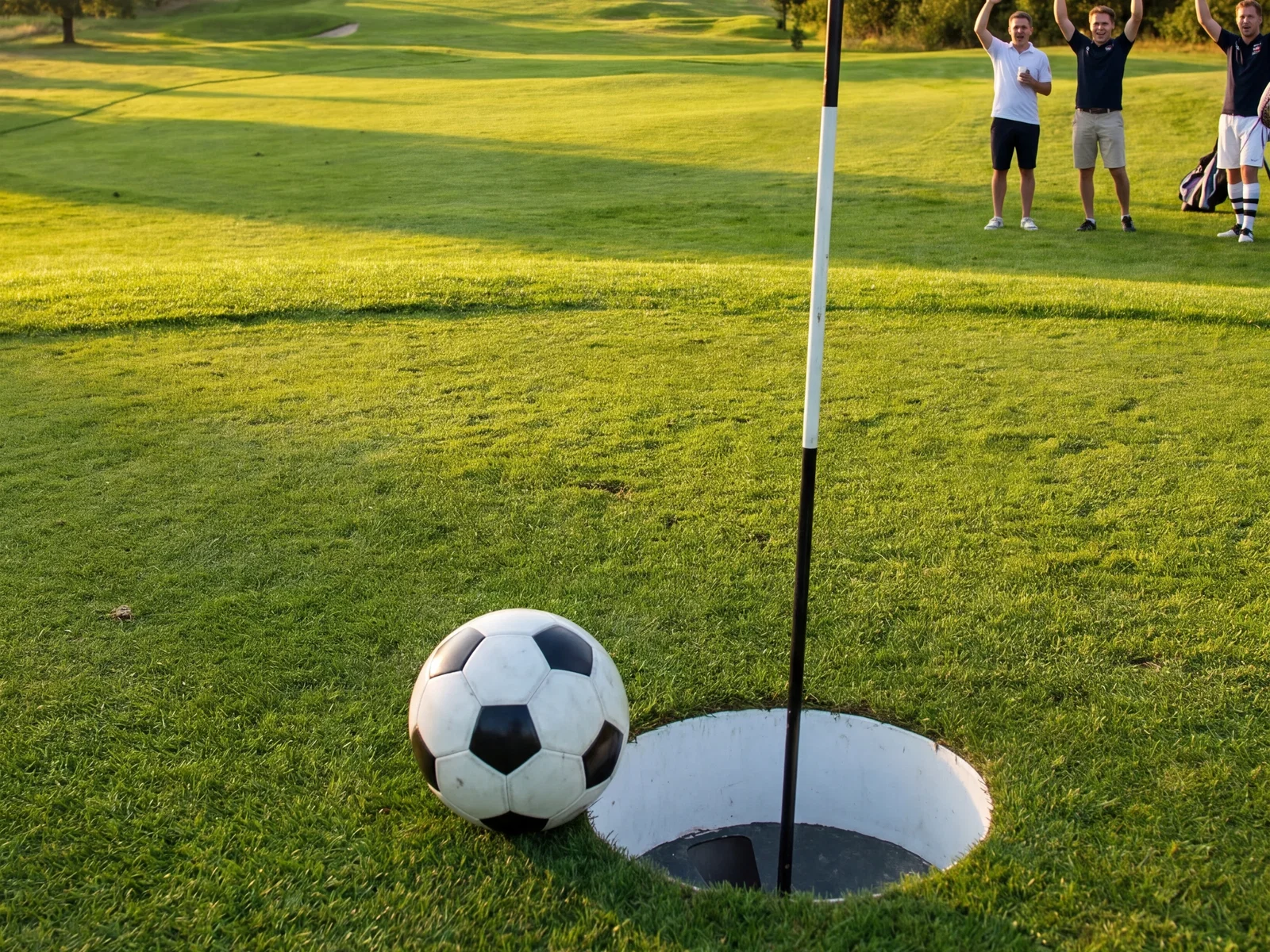 Fußball neben einem Footgolf-Loch auf dem Golfplatz