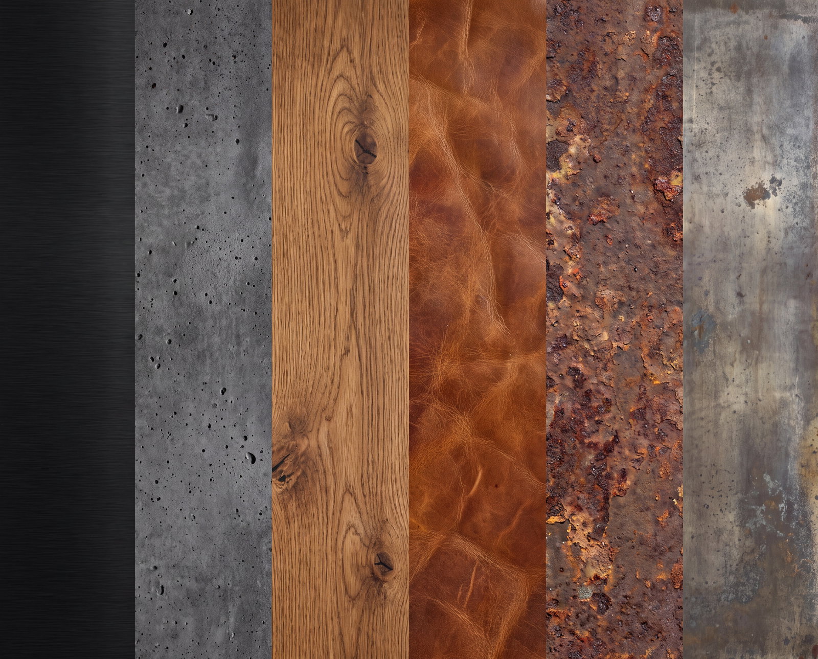 Materialmix für den Industrial Style mit Betonoptik, warmem Holz, Leder, Rost und dunklem Metall in markanter Loft-Ästhetik.