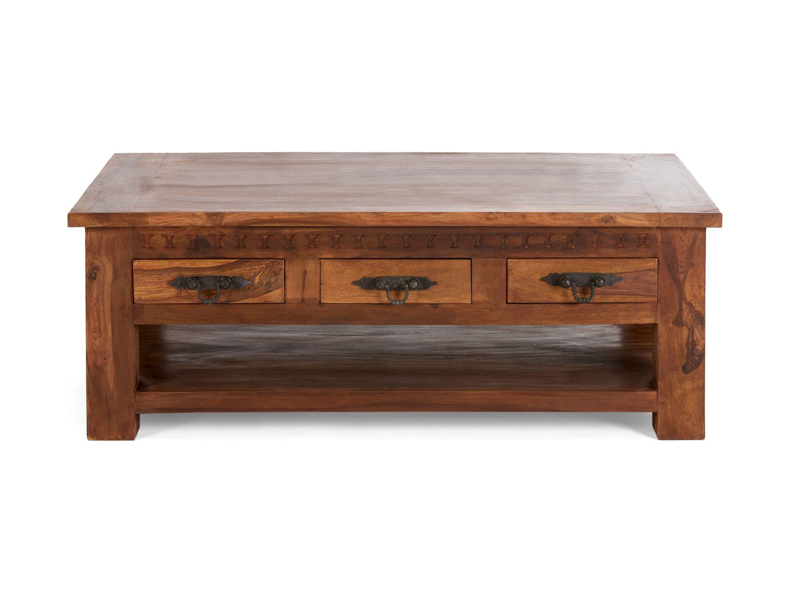 Freisteller-Frontansicht: Couchtisch Merlow Akazie in Braun mit 3 Schubladen und Ablagefach, lackiertes Akazienholz
