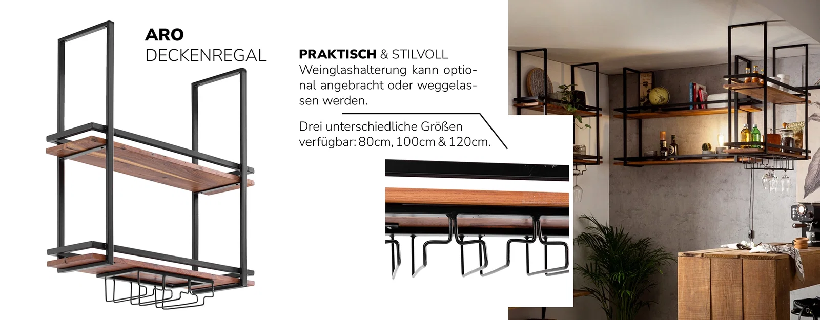 Collage des Schreibtischs Aro – mehrere Ansichten eines modernen Holzschreibtischs mit Detailaufnahmen und Wohnambiente