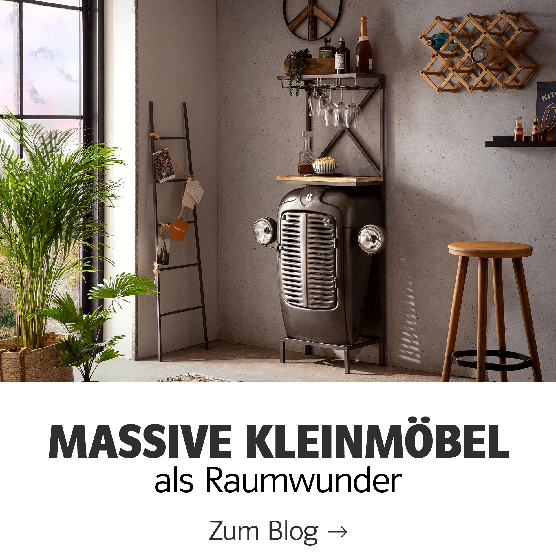 Kachel-Übersicht verschiedener massiver Kleinmöbel aus Holz (Hocker, Beistelltische, Kommoden) in Naturtönen, warmes, modernes Ambiente