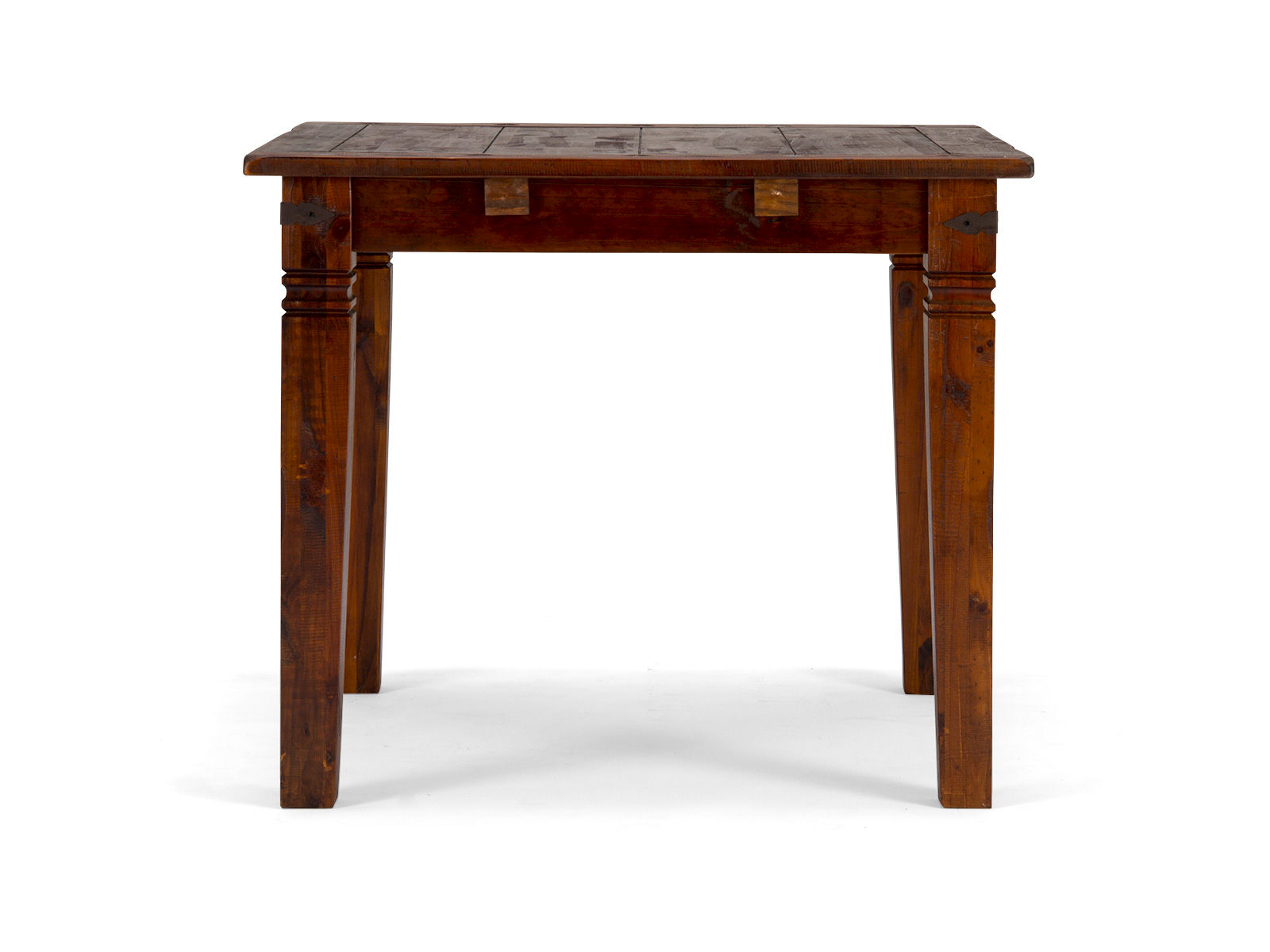 Frontansicht Freisteller: quadratischer Esstisch Catana, Pinie braun lackiert, 90×76×90 cm, erweiterbar mit Ansteckplatten