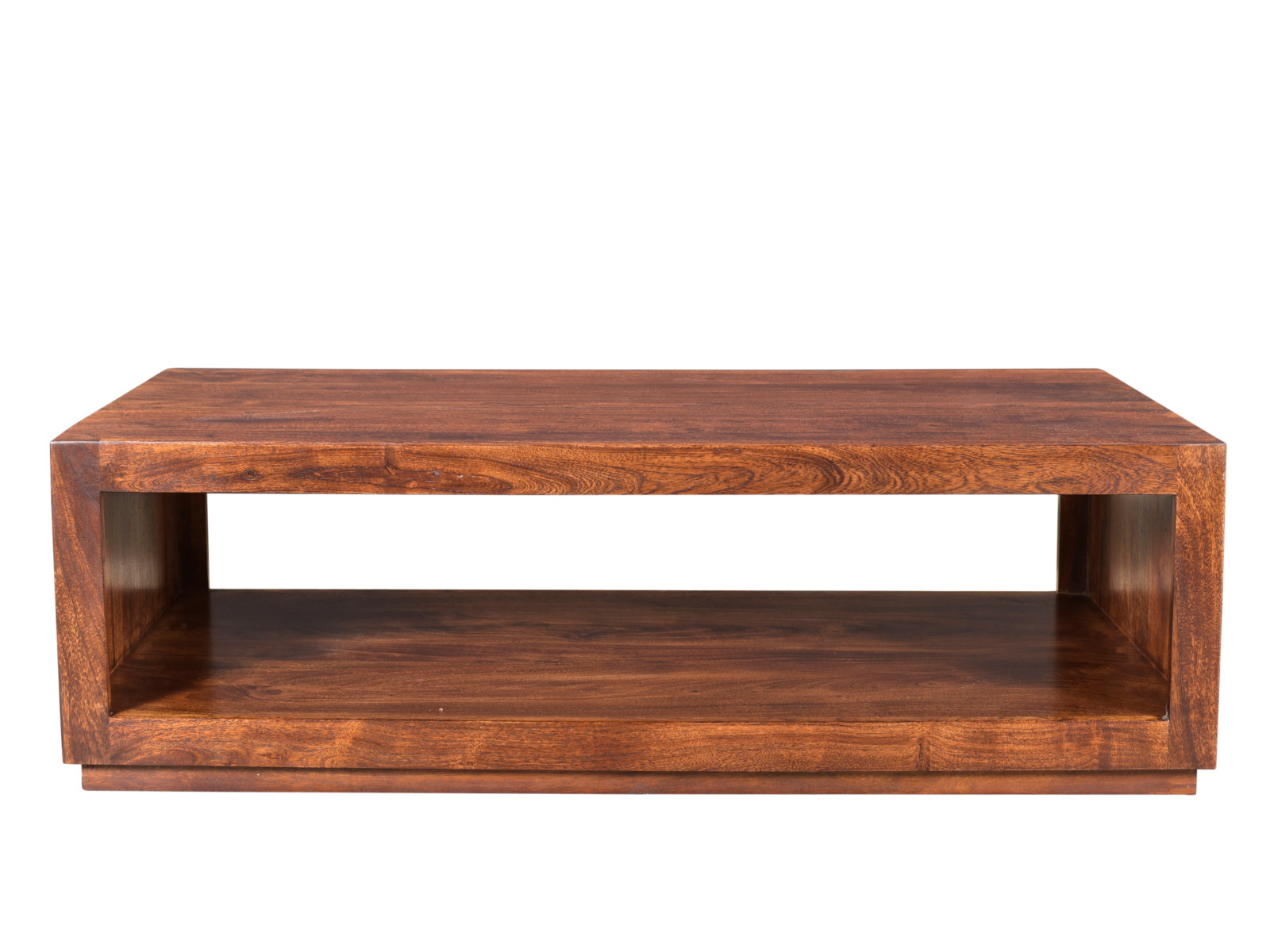 Freisteller-Frontansicht Couchtisch Milburn in Akazienholz braun, 116×35×57cm, rechteckig mit 5cm Platte und Ablagefach.