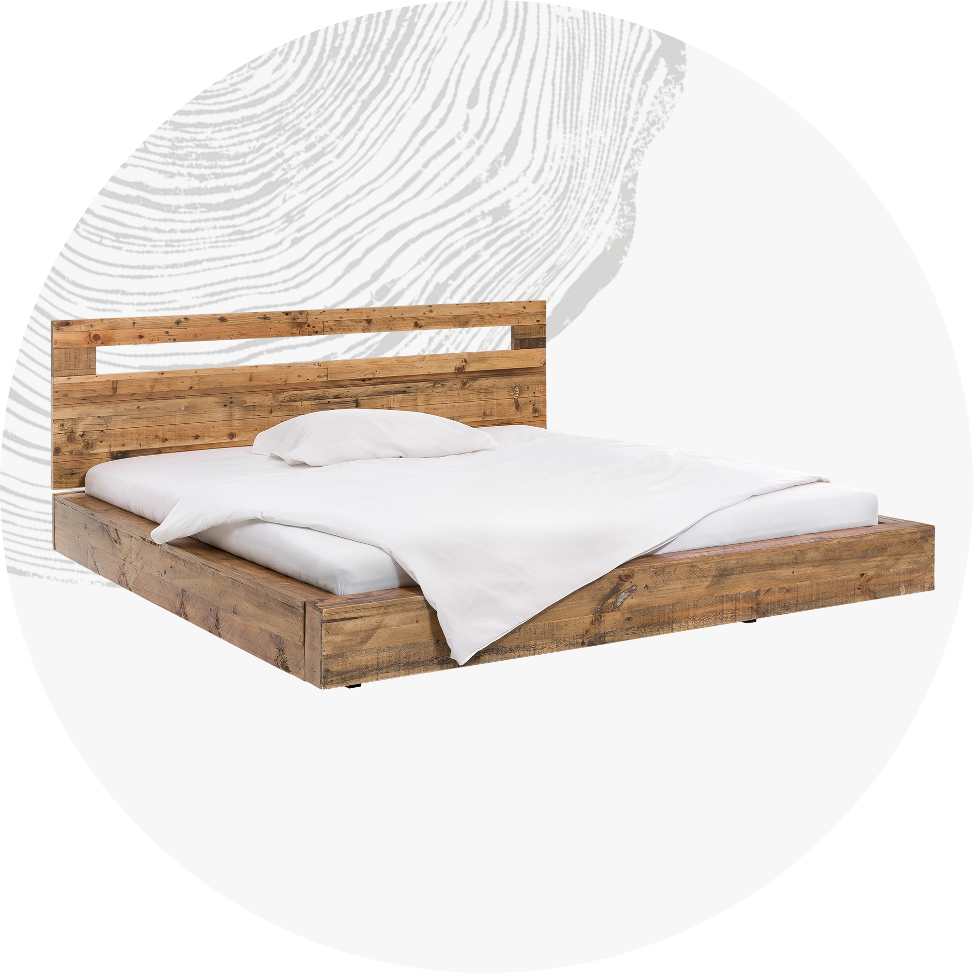 Modernes Bett in heller Schlafzimmer-Inszenierung mit Holzrahmen, neutralen Textilien und ruhiger, skandinavischer Atmosphäre