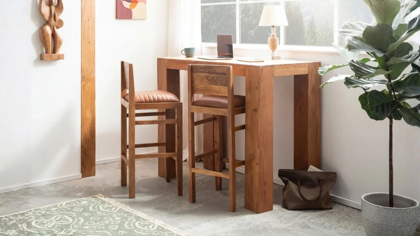 Tresentisch aus Holz im Freisteller, rechteckige Tischplatte mit vier Beinen, schlichtes modernes Design in warmem Braun