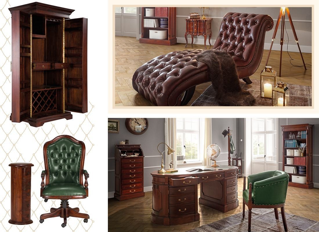 Kolonial inspiriertes Wohnzimmer mit dunklen Holzmöbeln, bequemem Sofa, Couchtisch, Teppich und warmem, gemütlichem Ambiente.