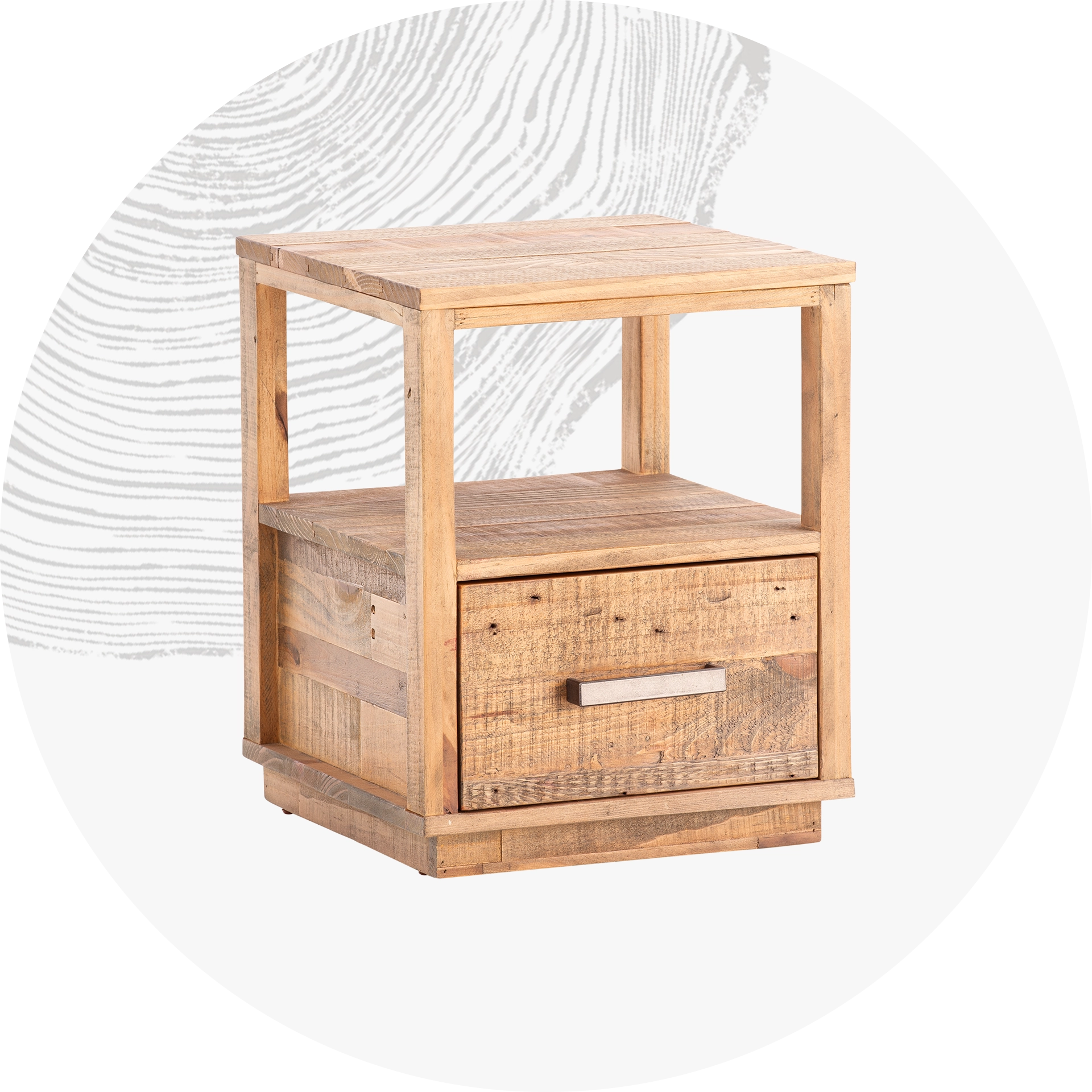 Moderner Nachttisch aus Holz mit Schublade, minimalistisches Design in hellem Holzfinish auf neutralem Hintergrund.