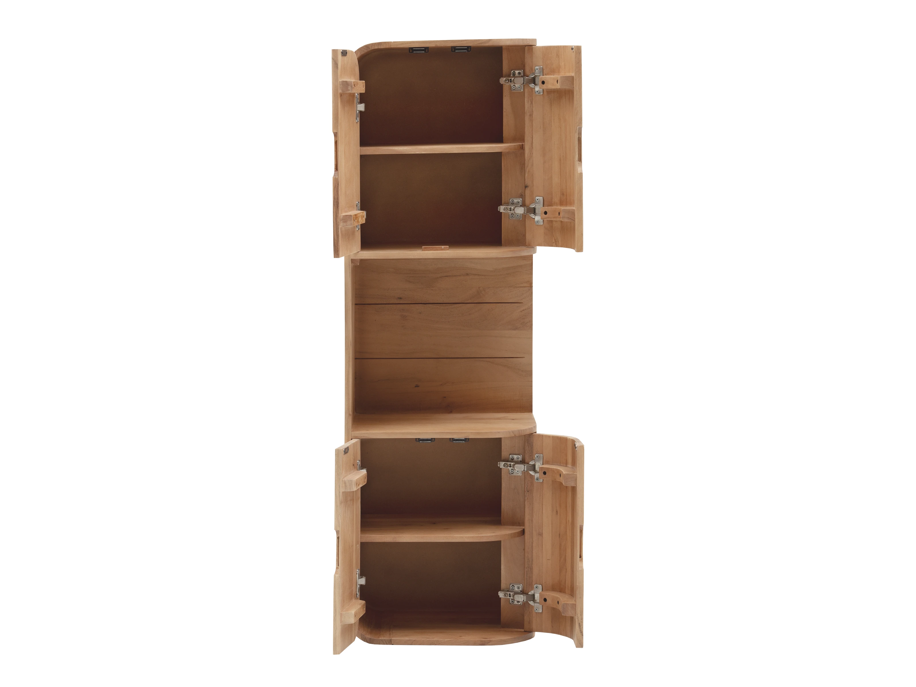 Freisteller Frontansicht geöffnetes Badmöbel-Set Tenaga Akazie eichefarben mit lackierter Oberfläche und Softclose-Türen